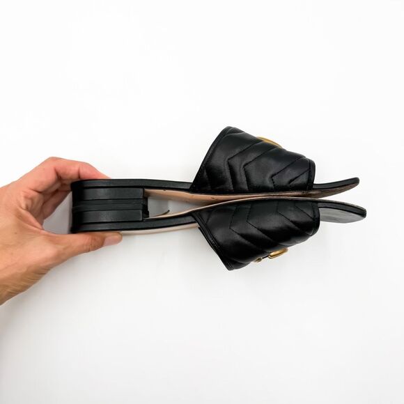 Gucci GG Marmont Quilted Chevron Black Leather Sandals Mules Flats - Picture 13 of 14